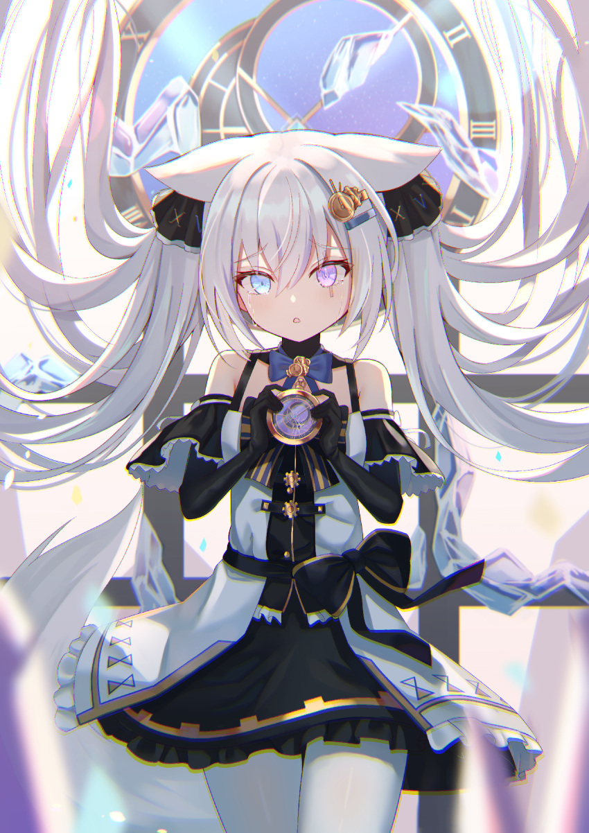 1girl, aliasing, animal_ears, bare_shoulders, black_bow, black_gloves, blue_bow, blue_eyes