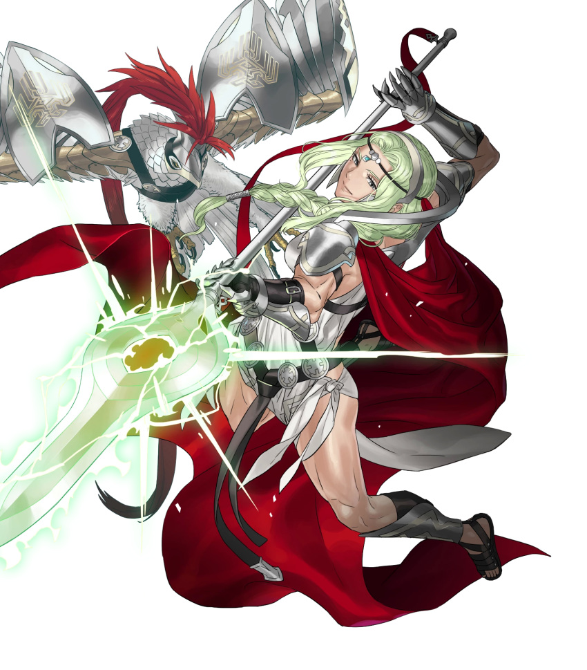 1girl, animal, armor, bangs, bird, braid, breasts, cape, circlet, closed_mouth, dress, fire_emblem, fire_emblem_heroes, full_body, gauntlets, glowing, glowing_weapon, green_hair, highres, jewelry, kozaki_yuusuke, lips, long_hair, medium_breasts, mole, mole_under_eye, nott_(fire_emblem), official_art, polearm, shoulder_armor, sleeveless, sleeveless_dress, solo, spear, tied_hair, toeless_footwear, toes, transparent_background, weapon, white_dress