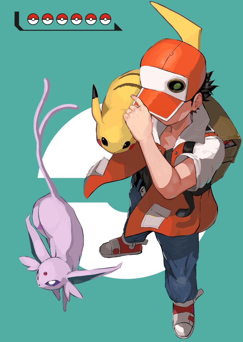 1boy, absurdres, backpack, badge, bag, baseball_cap, belt, black_hair