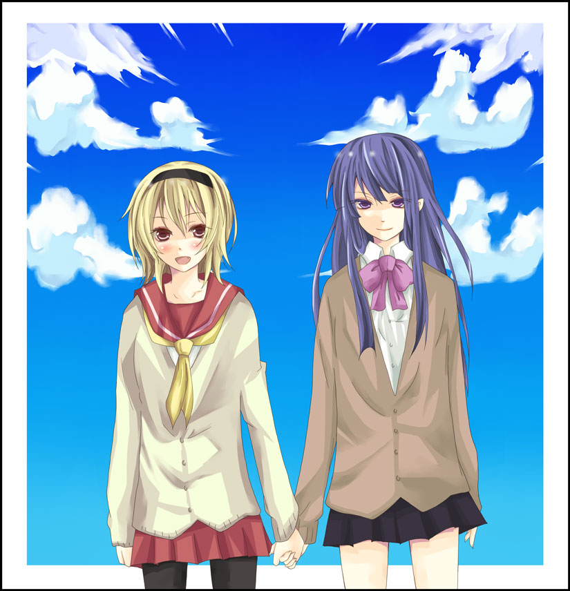 cloud, clouds, dolce_(yoshino), furude_rika, hairband, hand_holding, higurashi_no_naku_koro_ni, hime_cut