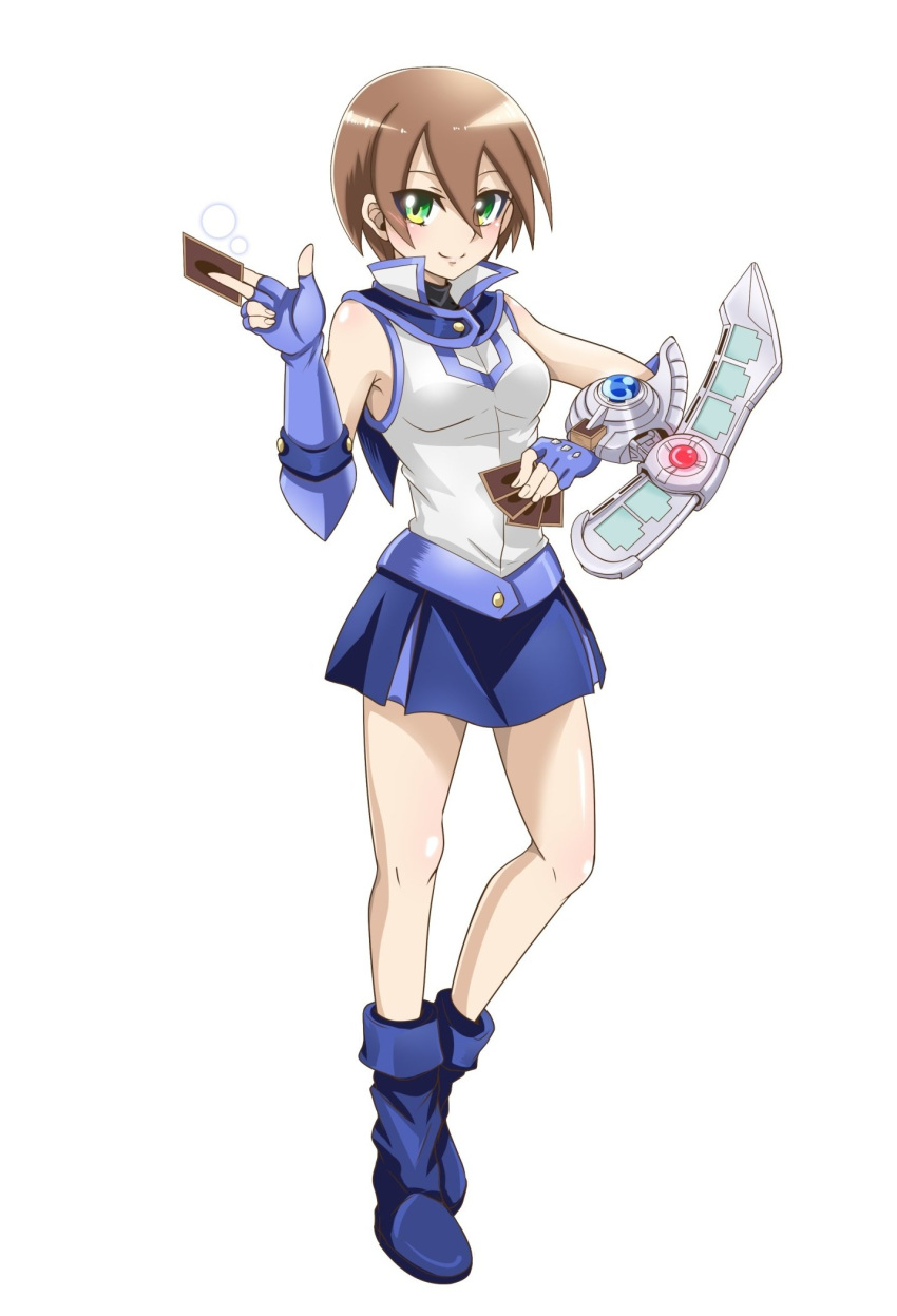 1girl, aile, aile_(rockman), breasts, brown_hair, closed_mouth, cosplay, duel_academy_uniform_(yu-gi-oh!_gx), gloves, green_eyes, highres, looking_at_viewer, rockman, rockman_zx, school_uniform, short_hair, simple_background, skirt, smile, solo, tenjouin_asuka, tenjouin_asuka_(cosplay), white_background, yu-gi-oh!, yu-gi-oh!_gx