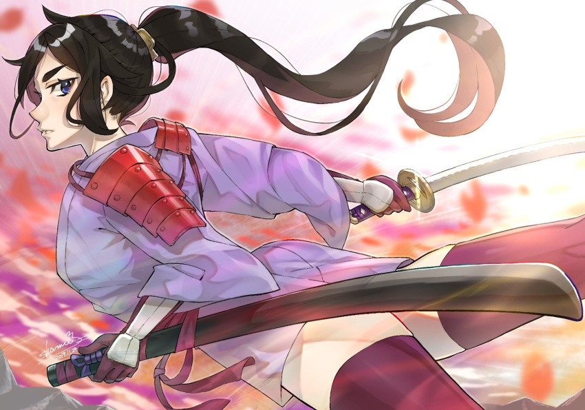 1girl, armor, bangs, black_hair, blue_eyes, dungeon_ni_deai_wo_motomeru_no_wa_machigatteiru_darou_ka, eyebrows_visible_through_hair, gloves