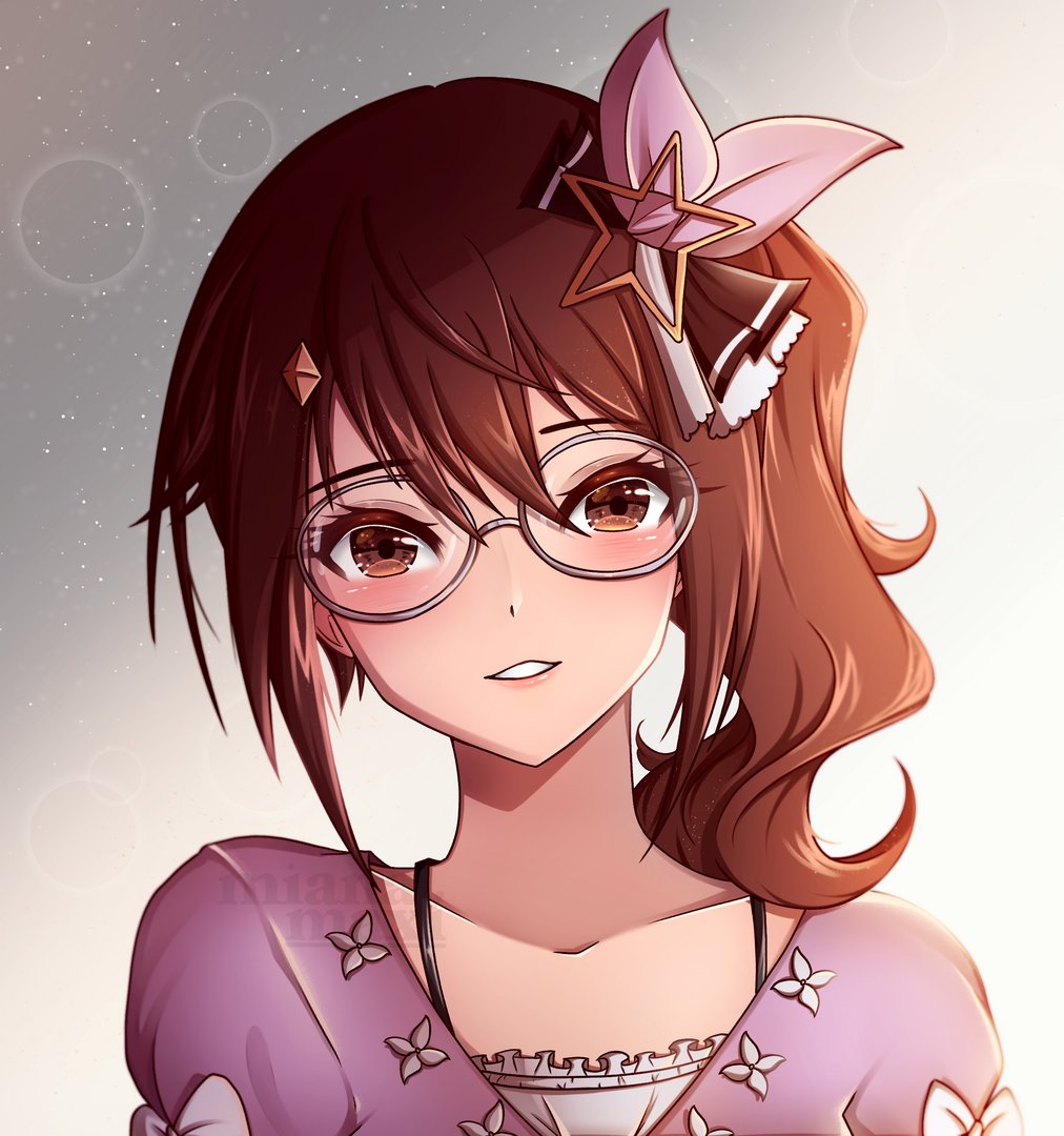 1girl, bangs, blue_eyes, blush, breasts, brown_hair, glasses, hair_ornament, hairclip, hololive, long_hair, looking_at_viewer, mianamaxi, open_mouth, smile, star_(symbol), tokino_sora, virtual_youtuber