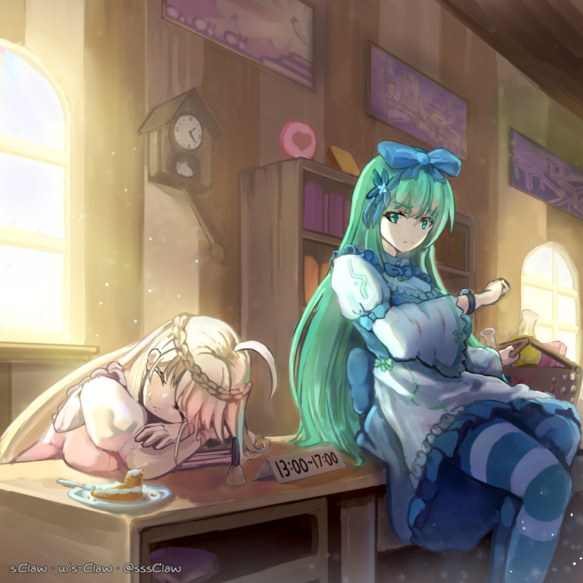 2girls, ahoge, artist_name, bangs, bell, blonde_hair, blue_bow, bow