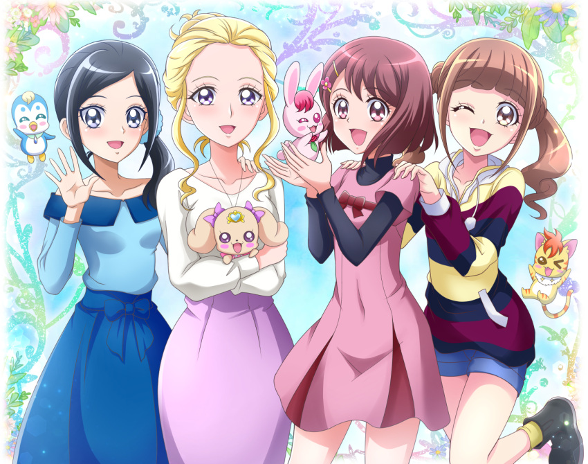 4girls, :d, bangs, black_footwear, black_hair, black_sweater, blonde_hair, blue_eyes