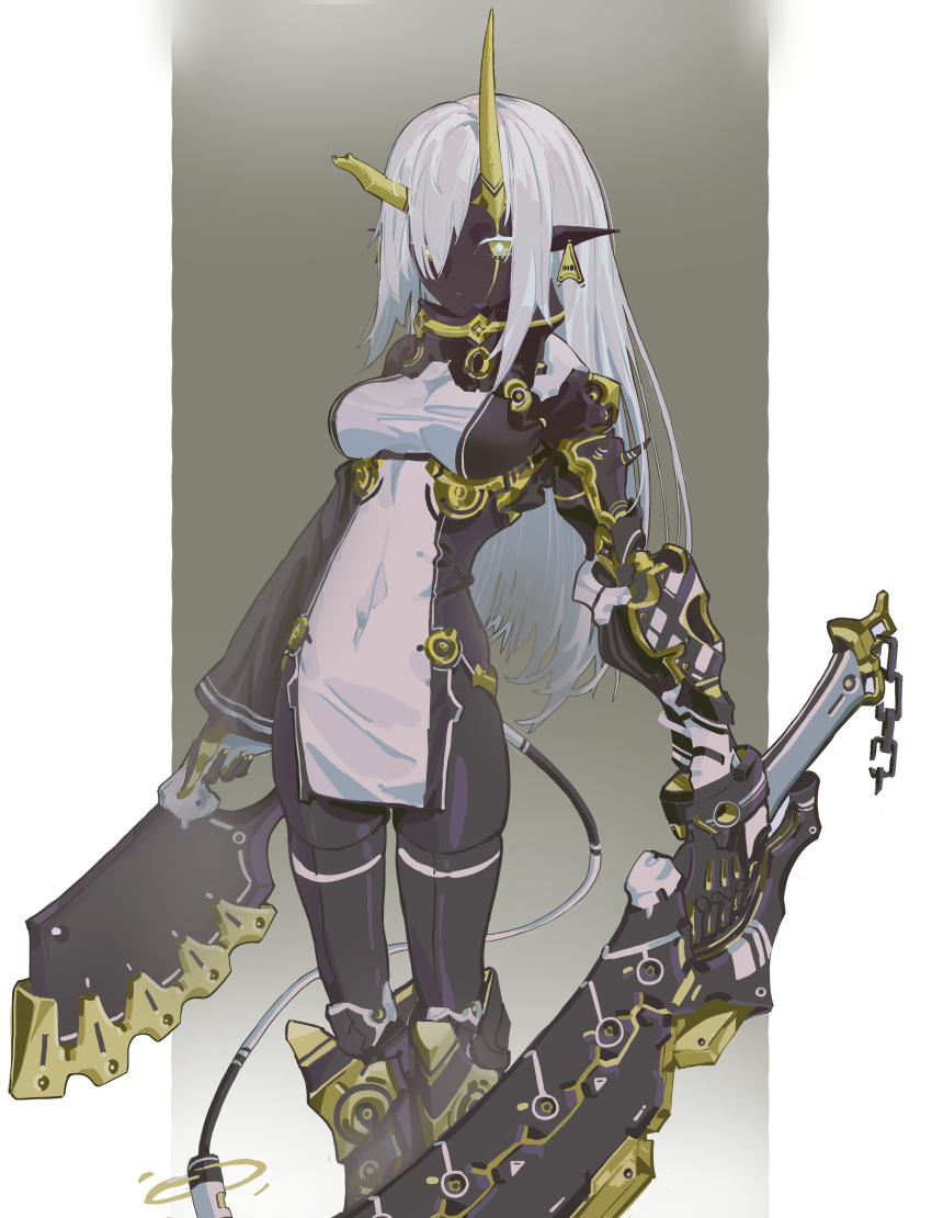 1girl, absurdres, armor, asymmetrical_horns, bangs, black_legwear, boots, breasts