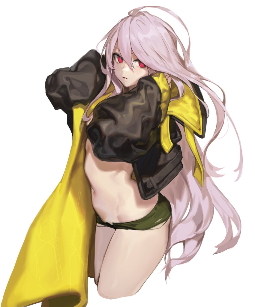 1girl, ahoge, asymmetrical_clothes, bangs, black_coat, black_shorts, coat, cropped_legs