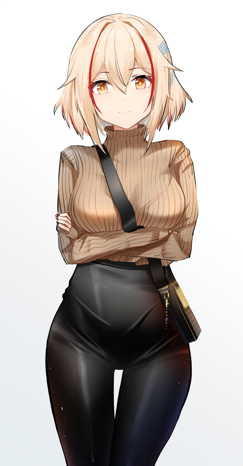 1girl, absurdres, azur_lane, bag, bangs, black_pants, blonde_hair, breasts, brown_eyes, crossed_arms, eyebrows_visible_through_hair, hair_between_eyes, high-waist_pants, highres, large_breasts, medium_hair, multicolored_hair, nail_polish, pants, purple_nails, qing_wu, redhead, ribbed_sweater, roon_(azur_lane), shoulder_bag, simple_background, smile, solo, standing, streaked_hair, sweater, sweater_tucked_in, thigh_gap, two-tone_hair, white_background, yellow_sweater
