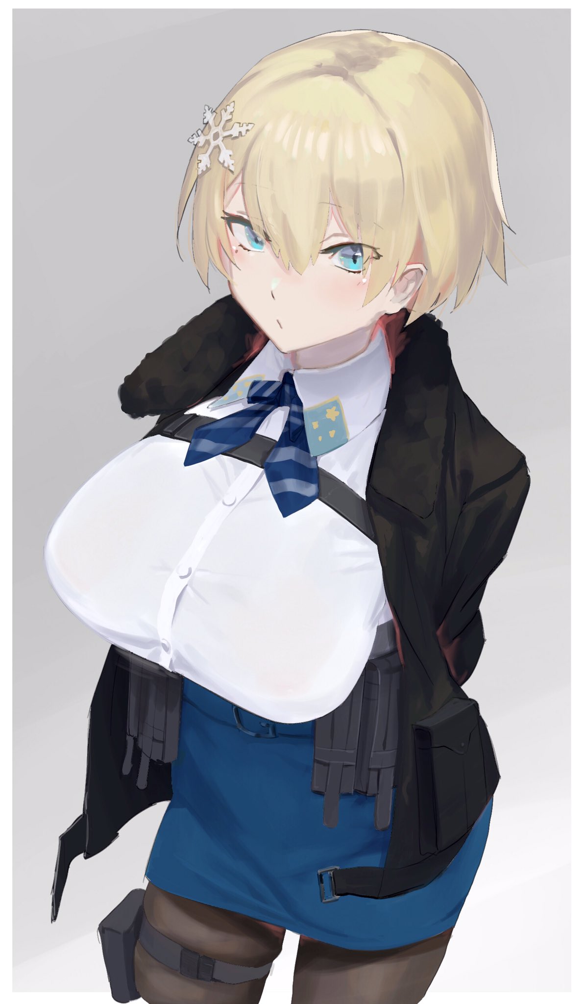 1girl, aqua_eyes, arms_behind_back, bangs, black_jacket, black_legwear, blonde_hair, blue_neckwear