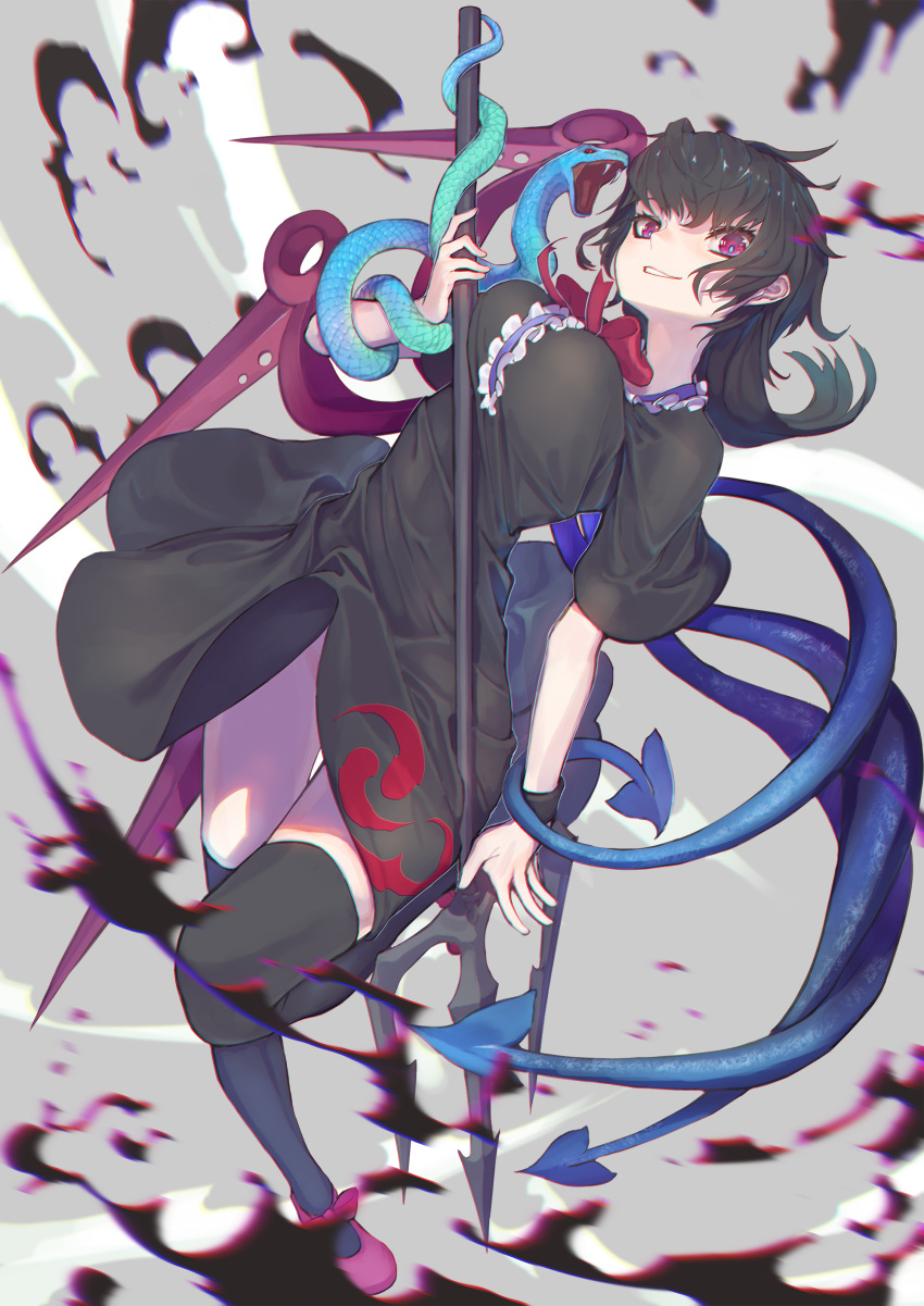 1girl, absurdres, asymmetrical_wings, bangs, black_dress, black_hair, black_legwear, blue_wings