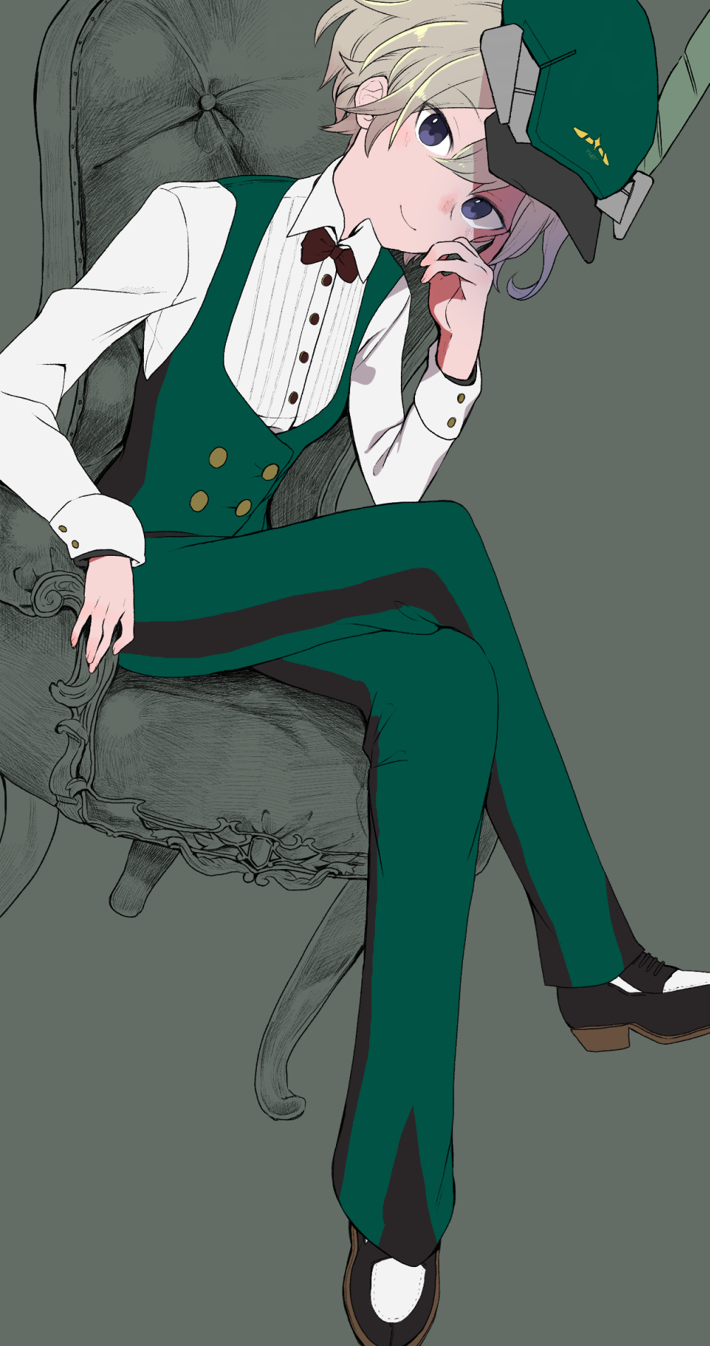 1girl, alice_gear_aegis, black_footwear, blue_eyes, bow, crossed_legs, green_headwear, green_pants