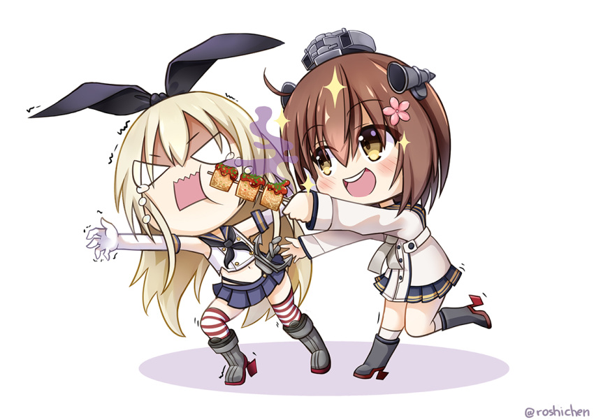 2girls, anchor_symbol, binoculars, black_hairband, black_neckwear, black_panties, black_sailor_collar, blonde_hair