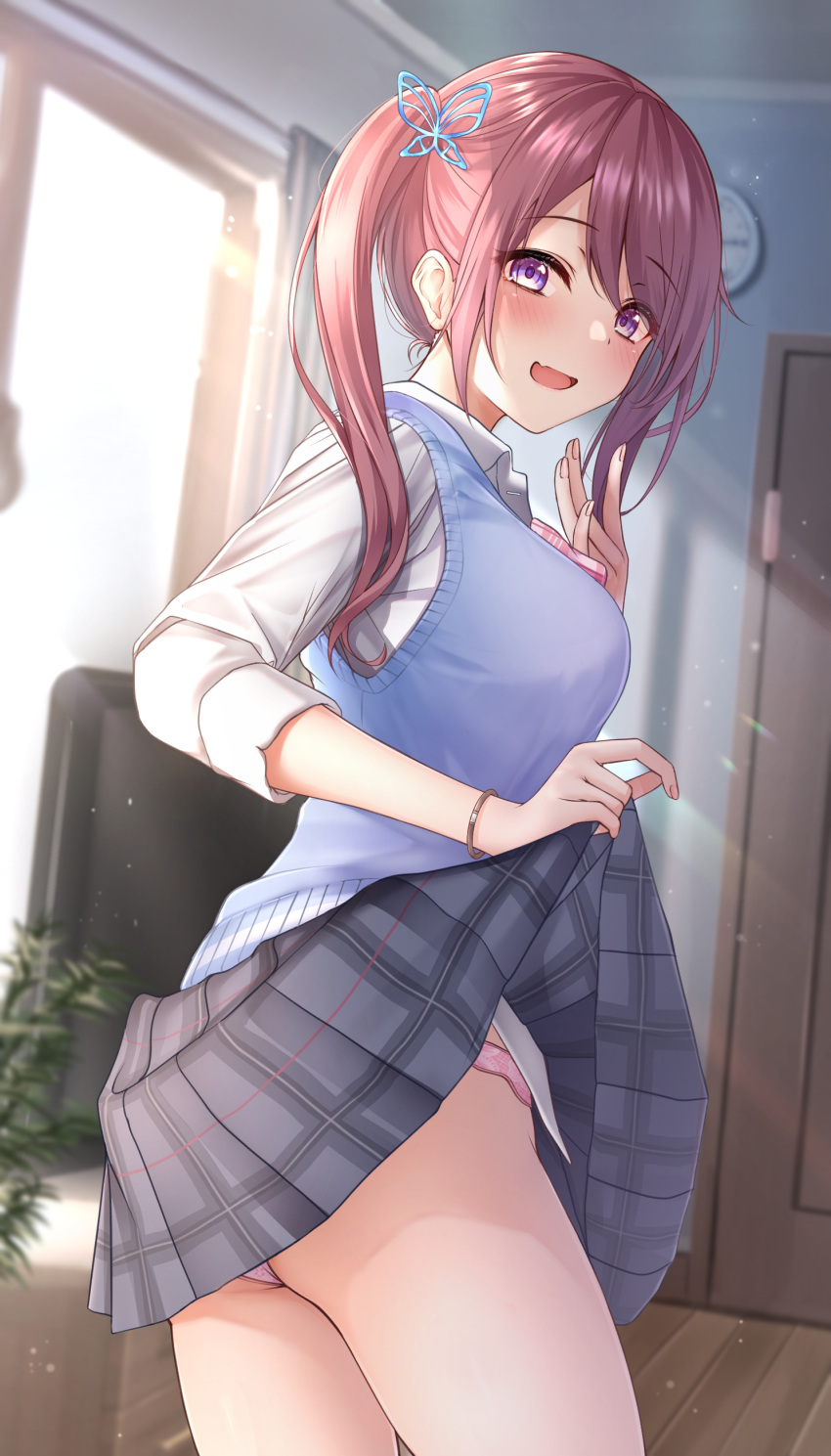 1girl, absurdres, bangs, blue_sweater_vest, blush, bracelet, breasts, butterfly_hair_ornament