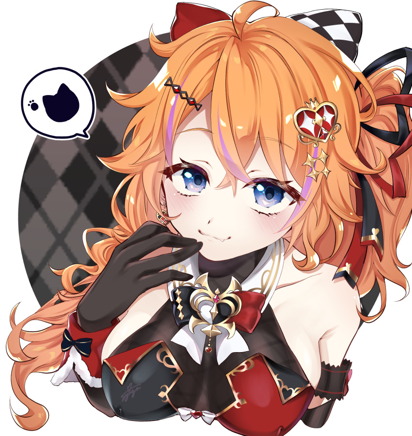 1girl, ahoge, bangs, bare_shoulders, black_gloves, black_ribbon, blue_eyes, bow, breasts, eyebrows_visible_through_hair, gloves, hair_between_eyes, hair_bow, hair_ribbon, highres, long_hair, looking_at_viewer, nijisanji, orange_hair, otogibara_era, red_ribbon, ribbon, side_ponytail, smile, solo, syiga, virtual_youtuber, wavy_mouth
