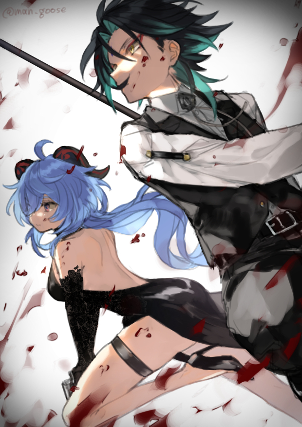 1boy, 1girl, ahoge, alternate_costume, aqua_hair, bangs, black_dress, black_footwear