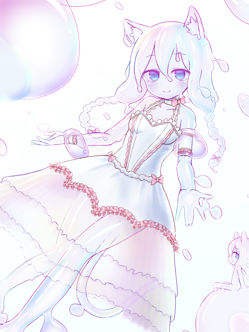 2girls, animal_ear_fluff, animal_ears, bare_shoulders, blue_eyes, blue_hair, blue_skin, braid