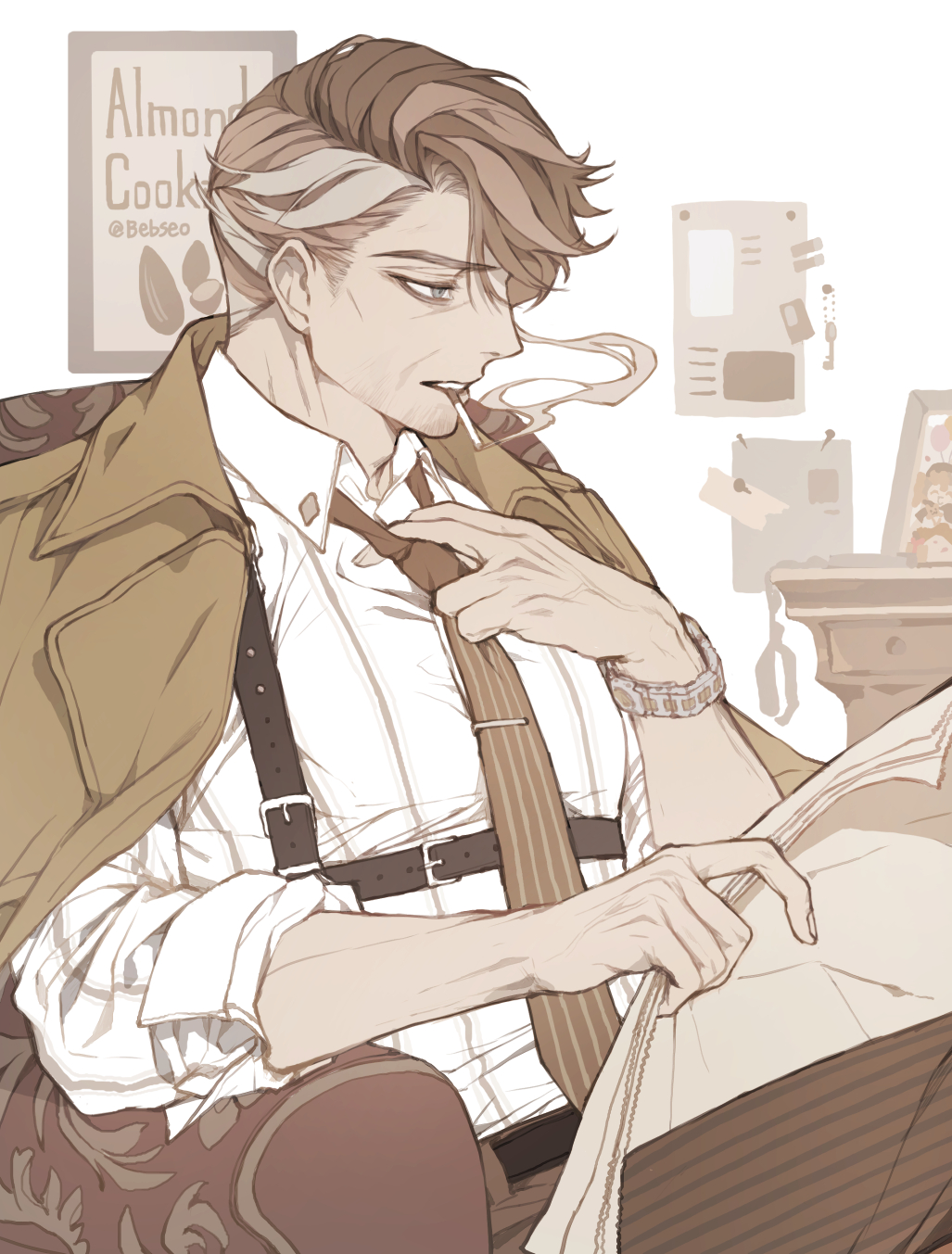 1boy, adam's_apple, adjusting_clothes, adjusting_necktie, adjusting_neckwear, almond_cookie, artist_name, bebseo