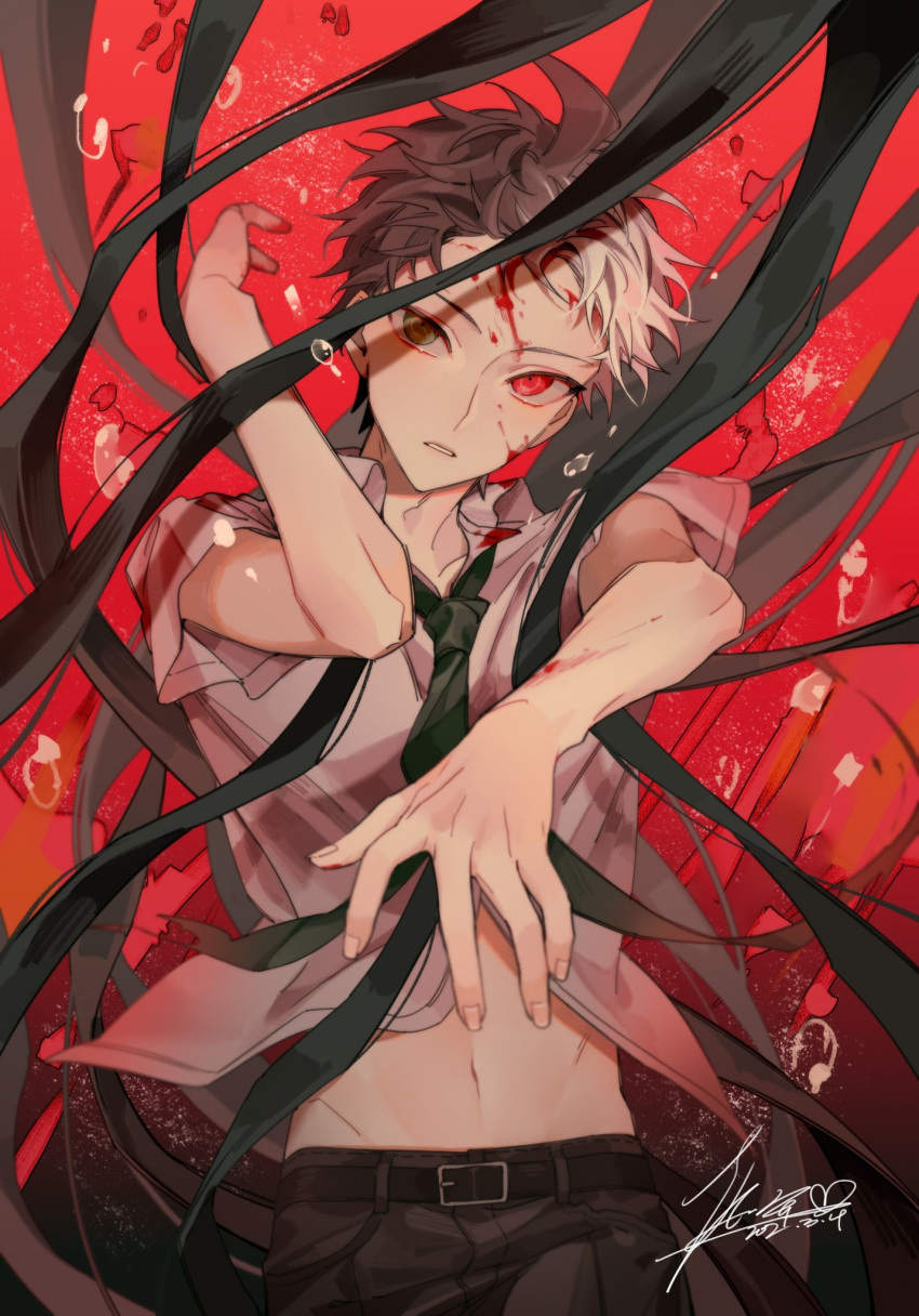 1boy, ahoge, belt, black_belt, black_pants, brown_hair, collarbone, collared_shirt