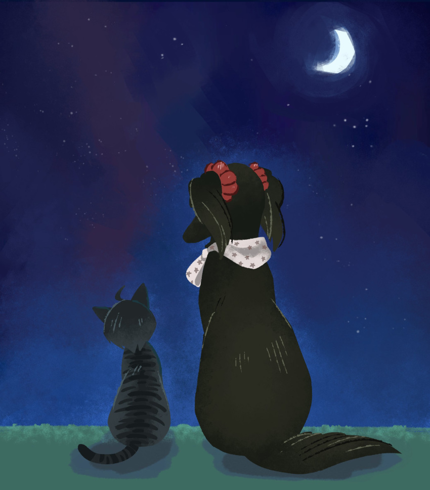 ahoge, animal, cat, crescent_moon, dangan_ronpa_(series), dangan_ronpa_v3:_killing_harmony, dog, from_behind, hair_ornament, hair_scrunchie, happycricketbox, harukawa_maki, highres, moon, night, night_sky, no_humans, red_scrunchie, saihara_shuuichi, scarf, scrunchie, short_hair, sitting, sky, star_(symbol), star_print
