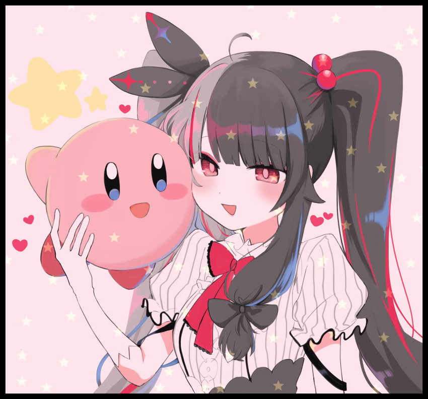 1girl, :d, bangs, black_border, black_bow, black_hair, blush, blush_stickers