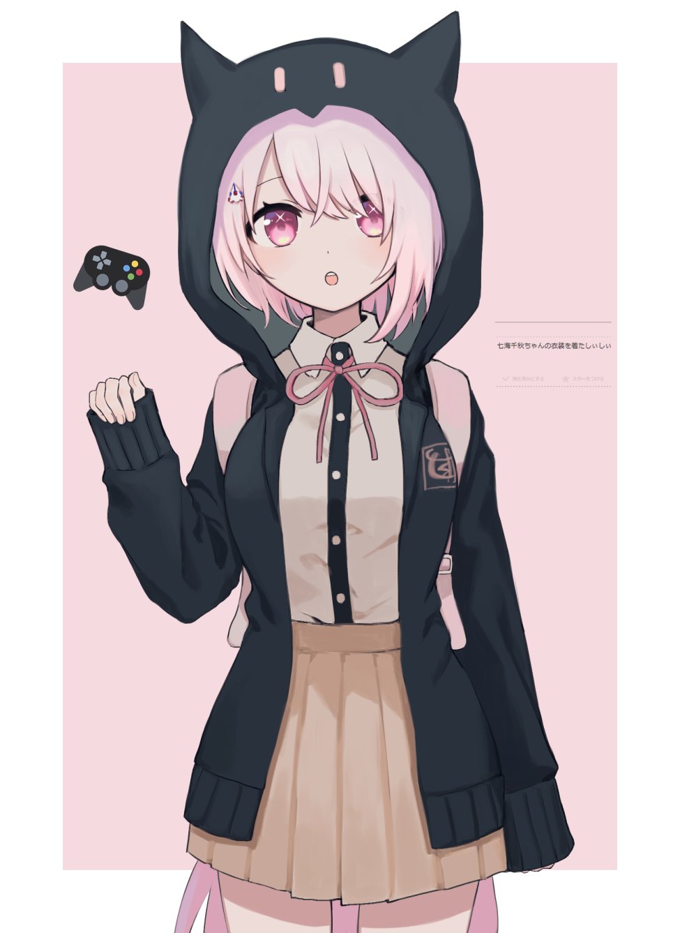 1girl, :o, animal_hood, backpack, bag, bangs, black_jacket, black_legwear
