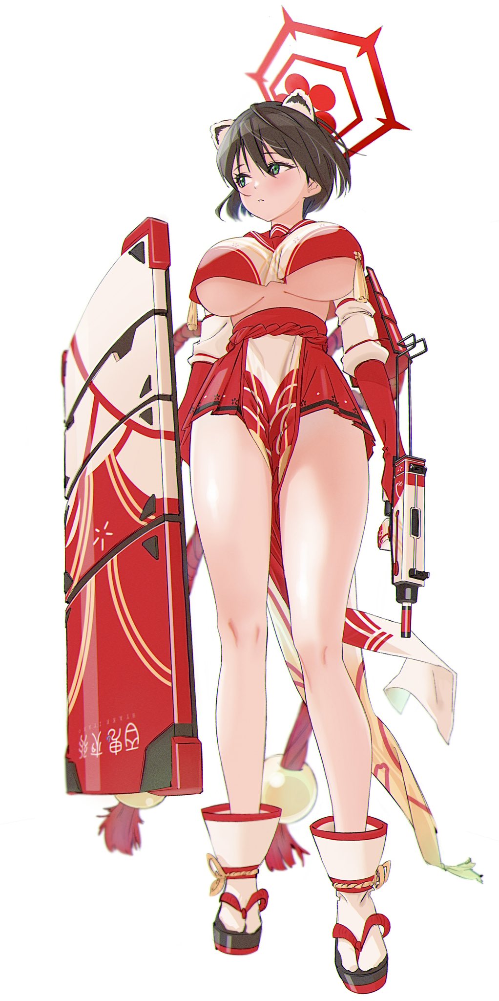 1girl, animal_ears, armor, bangs, black_hair, blue_archive, breasts, crop_top
