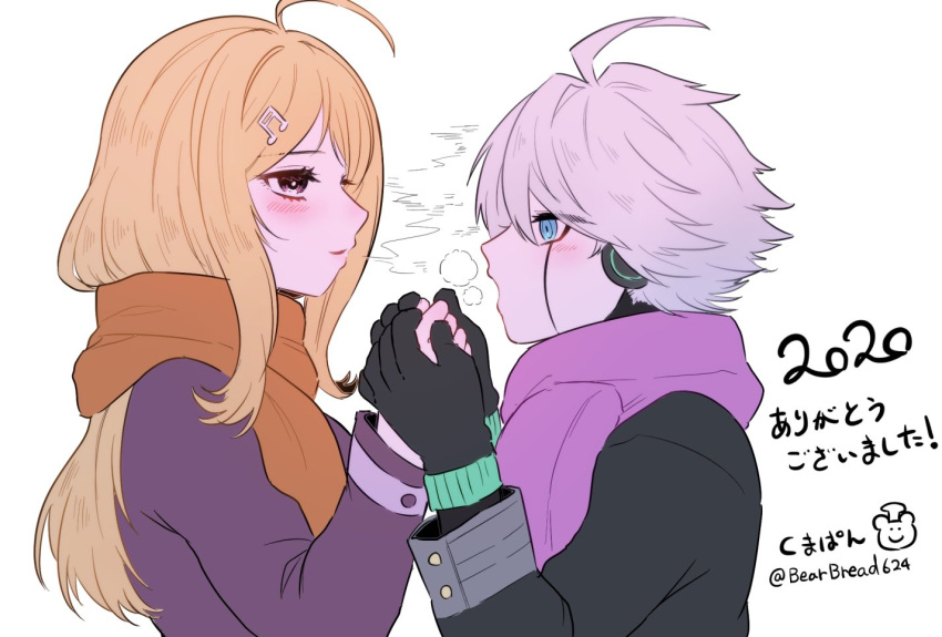 1boy, 1girl, ahoge, akamatsu_kaede, alternate_costume, android, bangs, black_gloves