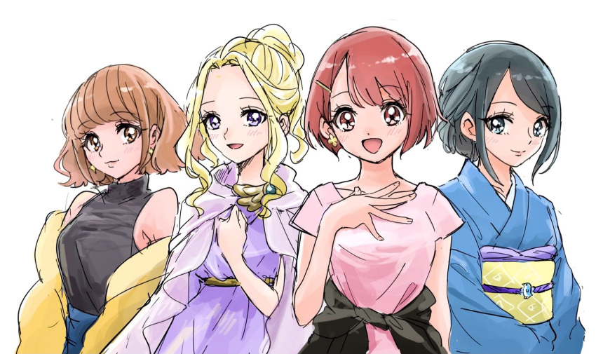4girls, bare_shoulders, blonde_hair, blue_eyes, blue_hair, blush, brown_eyes, brown_hair