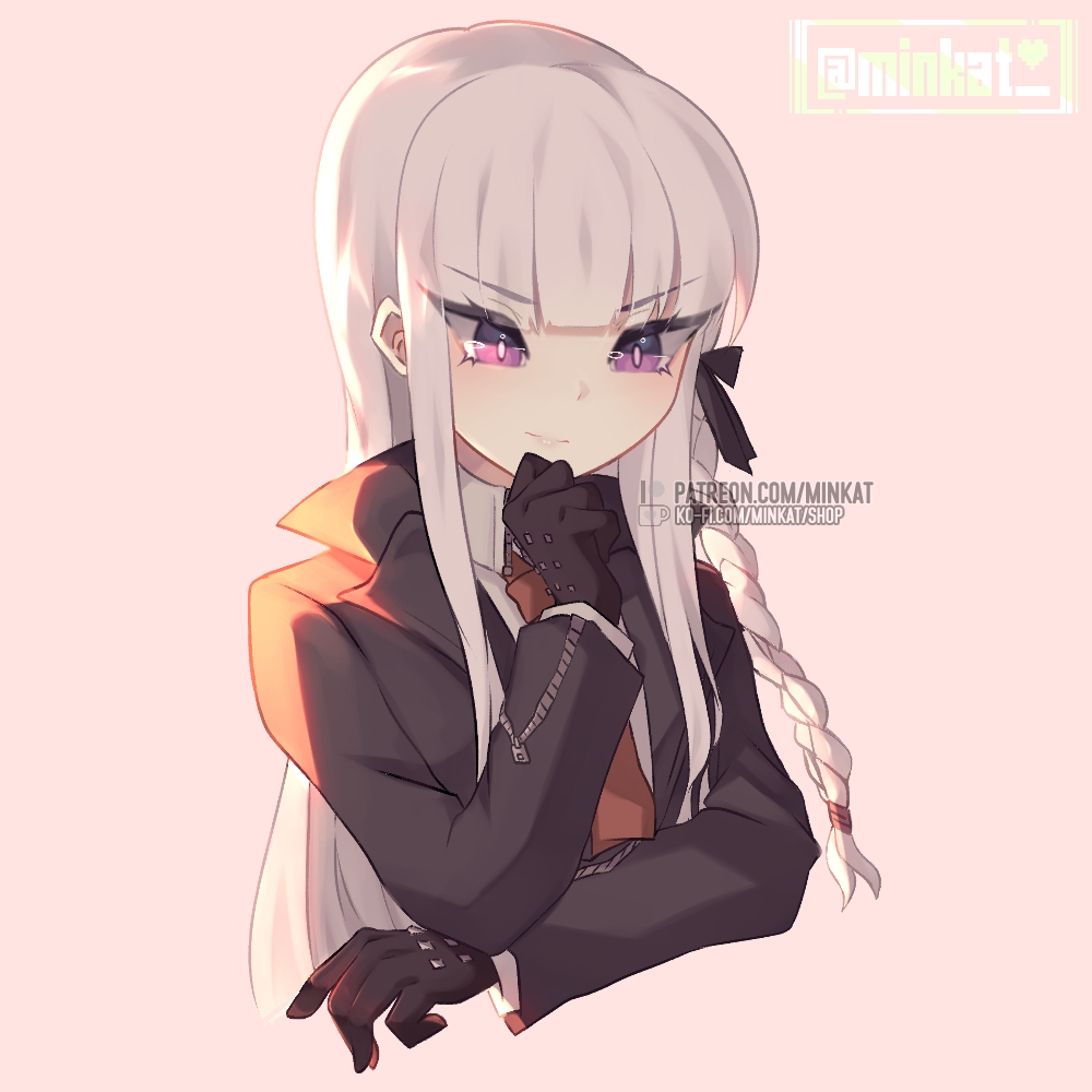 1girl, artist_name, bangs, black_gloves, black_jacket, black_ribbon, blunt_bangs, braid