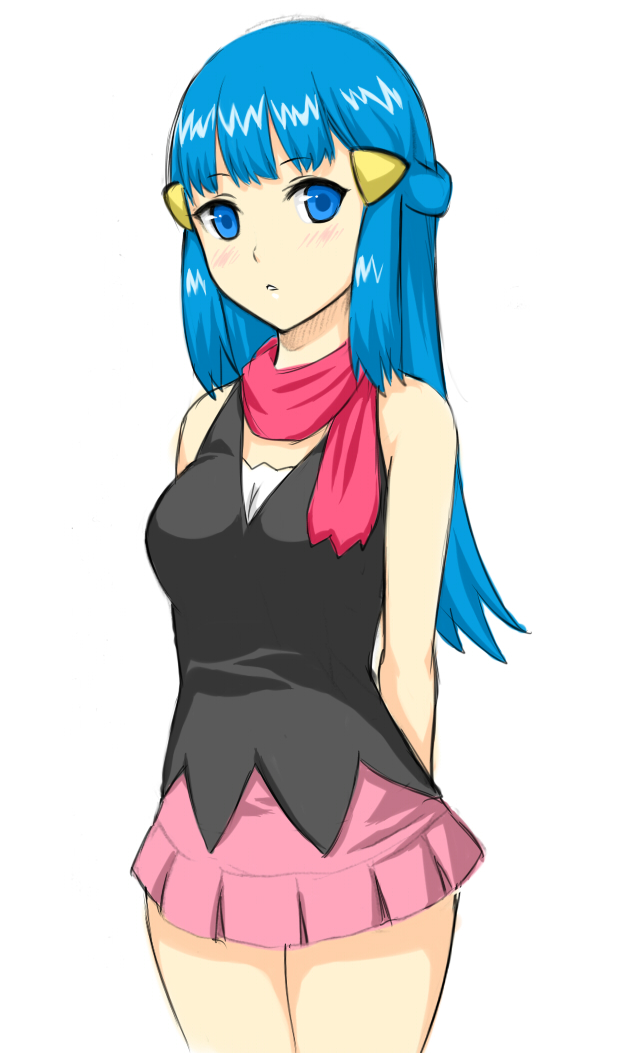 arms_behind_back, bad_id, bare_shoulders, blue_eyes, blue_hair, chikage36, hikari_(pokemon), long_hair