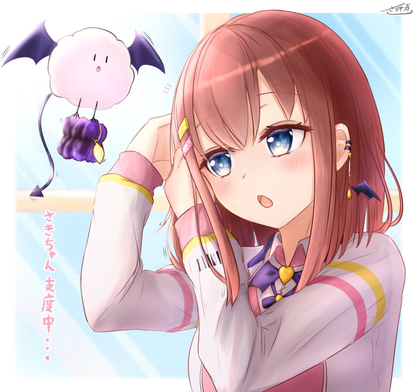 1girl, akuma_saki, axel-v, bat_hair_ornament, blue_eyes, brown_hair, earrings, hair_ornament