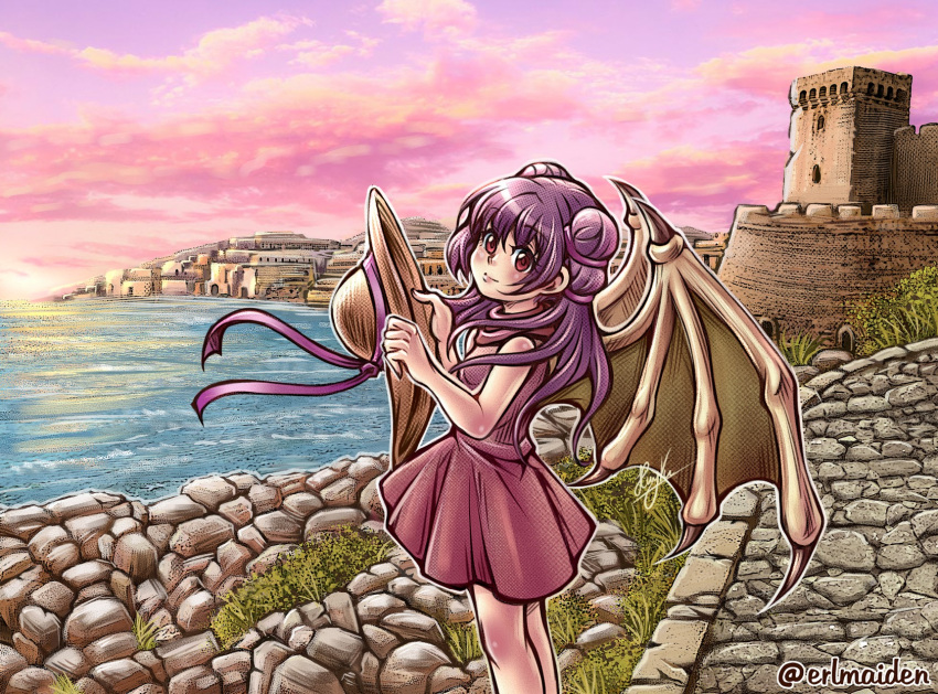 1girl, artist_name, bangs, bare_legs, bare_shoulders, blush, castle, clouds, dress, erlmaiden, fire_emblem, fire_emblem_heroes, grass, hat, hat_ribbon, highres, holding, holding_clothes, holding_hat, knees, looking_at_viewer, miniskirt, myrrh_(fire_emblem), ocean, purple_hair, red_eyes, ribbon, rock, shore, signature, skirt, sundress, sunset, town, twintails, wings