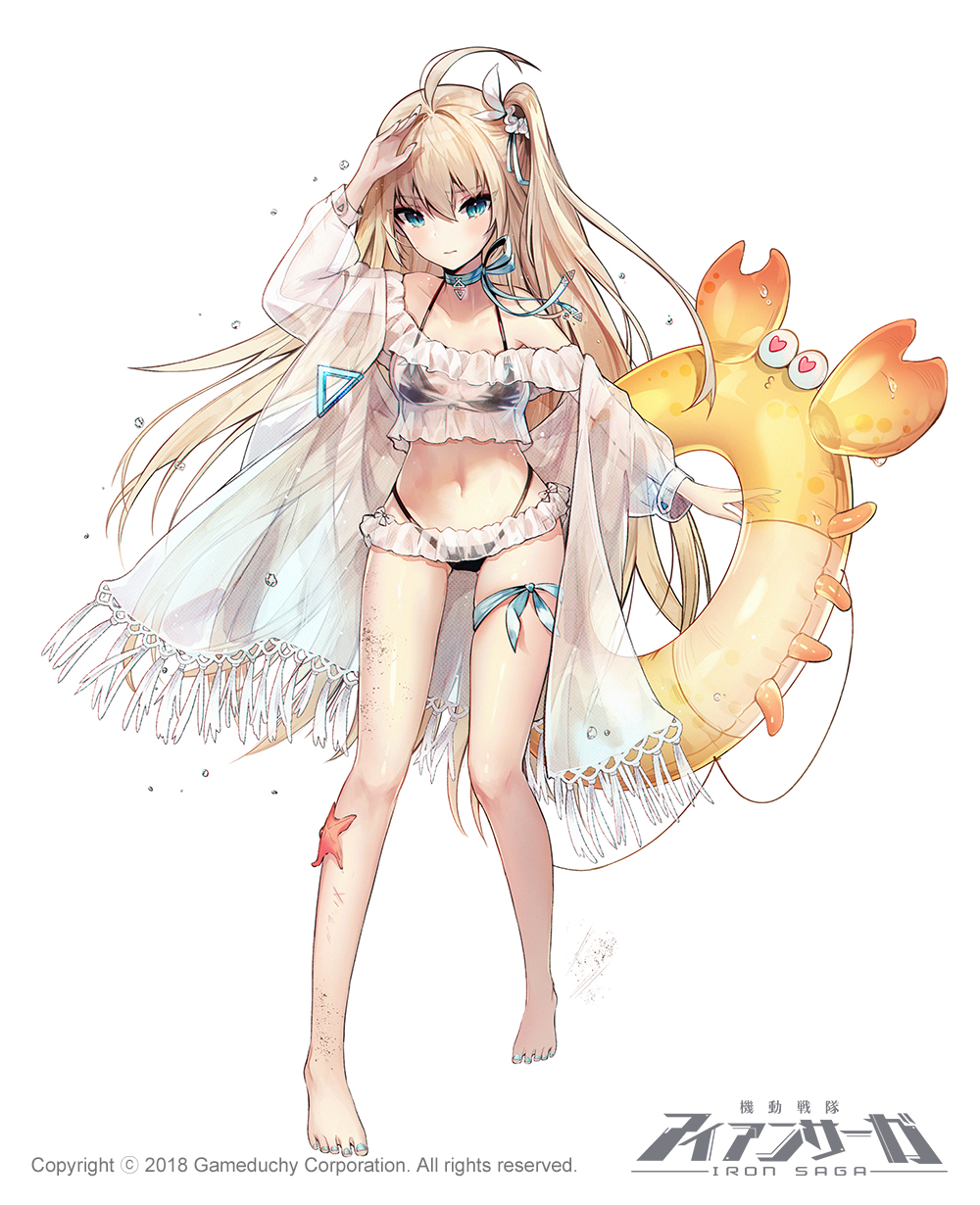 1girl, ahoge, arm_up, bare_shoulders, barefoot, bikini, black_bikini, blonde_hair