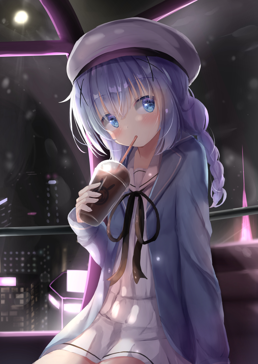 1girl, bangs, beret, black_ribbon, blue_eyes, blue_hair, blue_jacket, blush