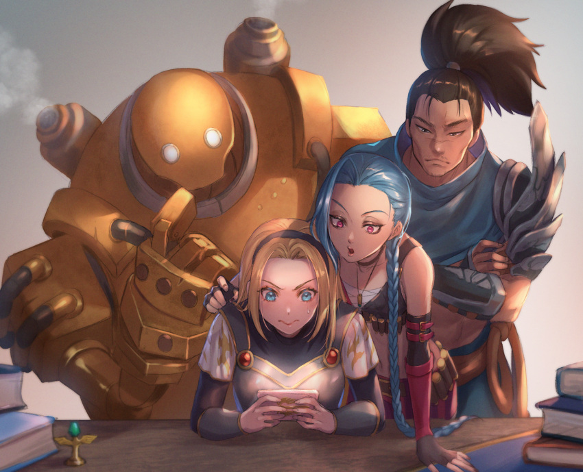 1boy, 2girls, armor, bandages, bare_shoulders, black_gloves, black_hairband, black_nails