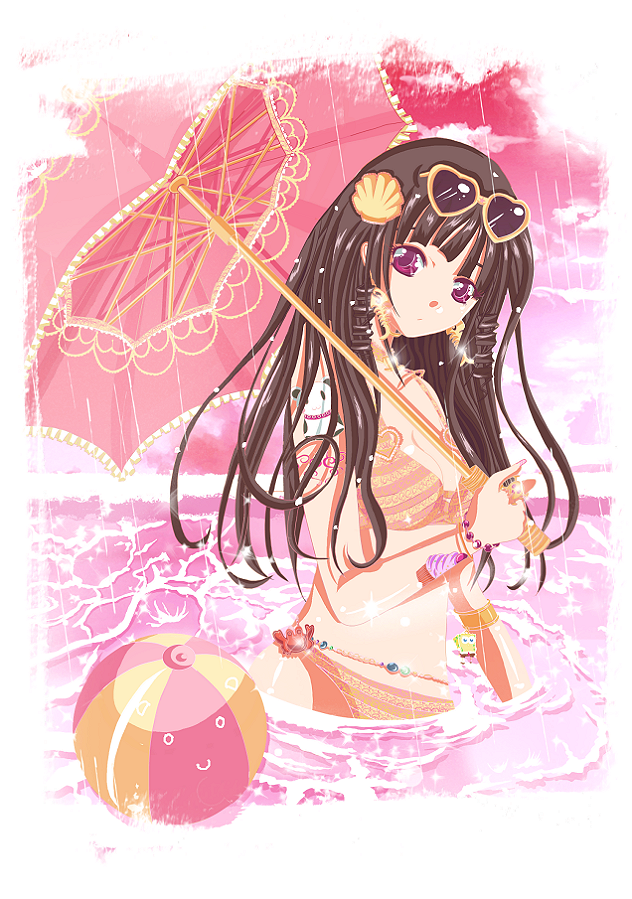 artist_request, ball, beachball, brown_hair, glasses, original, panda, rain, spongebob, spongebob_squarepants_(series), umbrella, violet_eyes, water