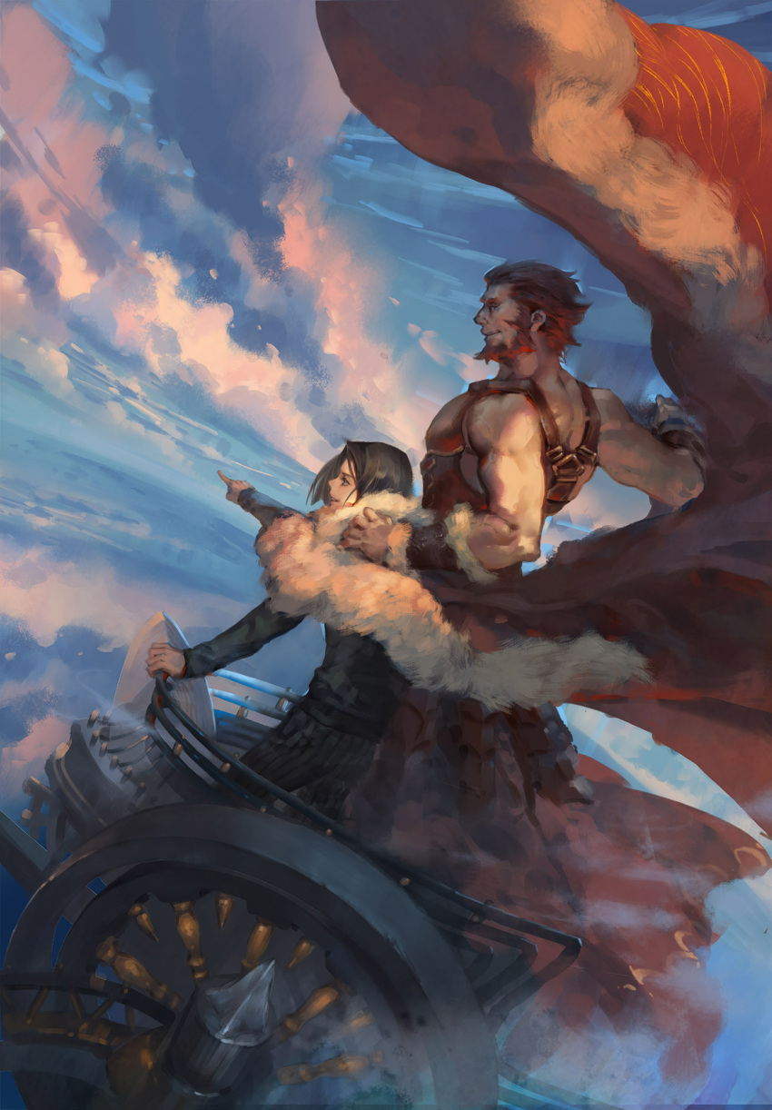111111111_(leiyao), 2boys, armor, beard, black_hair, cape_removed, chariot, facial_hair