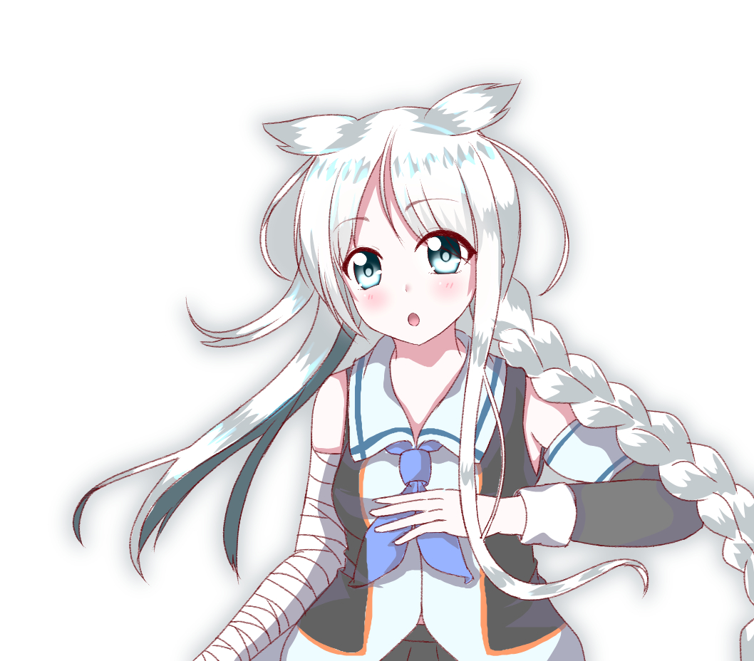 1girl, bandages, bangs, black_serafuku, blue_eyes, braid, detached_sleeves, hair_flaps