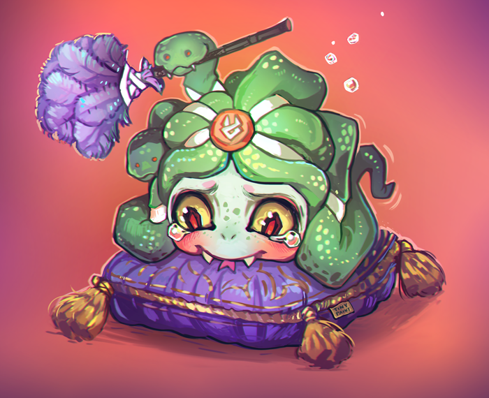 blush, colored_sclera, cushion, dusa_(hades), fangs, feather_duster, forked_tongue, gradient, gradient_background, hades_(game), michelle_czajkowski, orange_background, purple_background, red_pupils, snake_hair, tearing_up, tongue, yellow_sclera