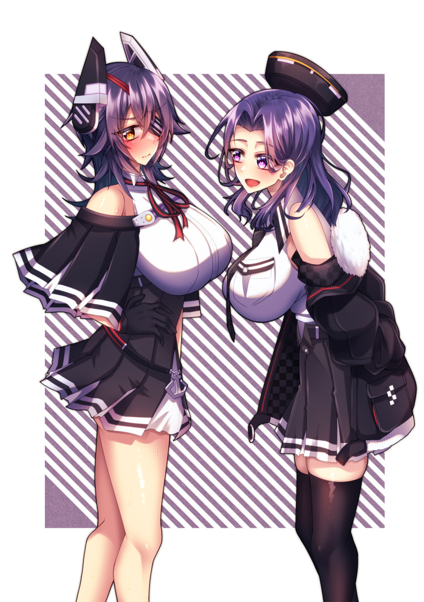 2girls, animal_ears, black_capelet, black_gloves, black_jacket, black_legwear, breast_pocket, breasts, capelet, cosplay, costume_switch, cow_ears, cow_horns, cow_tail, eyepatch, glaive, gloves, headgear, highres, horns, jacket, kantai_collection, large_breasts, mechanical_halo, multiple_girls, necktie, pleated_skirt, pocket, purple_hair, red_eyes, remodel_(kantai_collection), short_hair, skirt, standing, striped, striped_background, tail, tatsuta_(kancolle), tatsuta_(kancolle)_(cosplay), tenryuu_(kancolle), tenryuu_(kancolle)_(cosplay), thigh-highs, violet_eyes, yuudadou