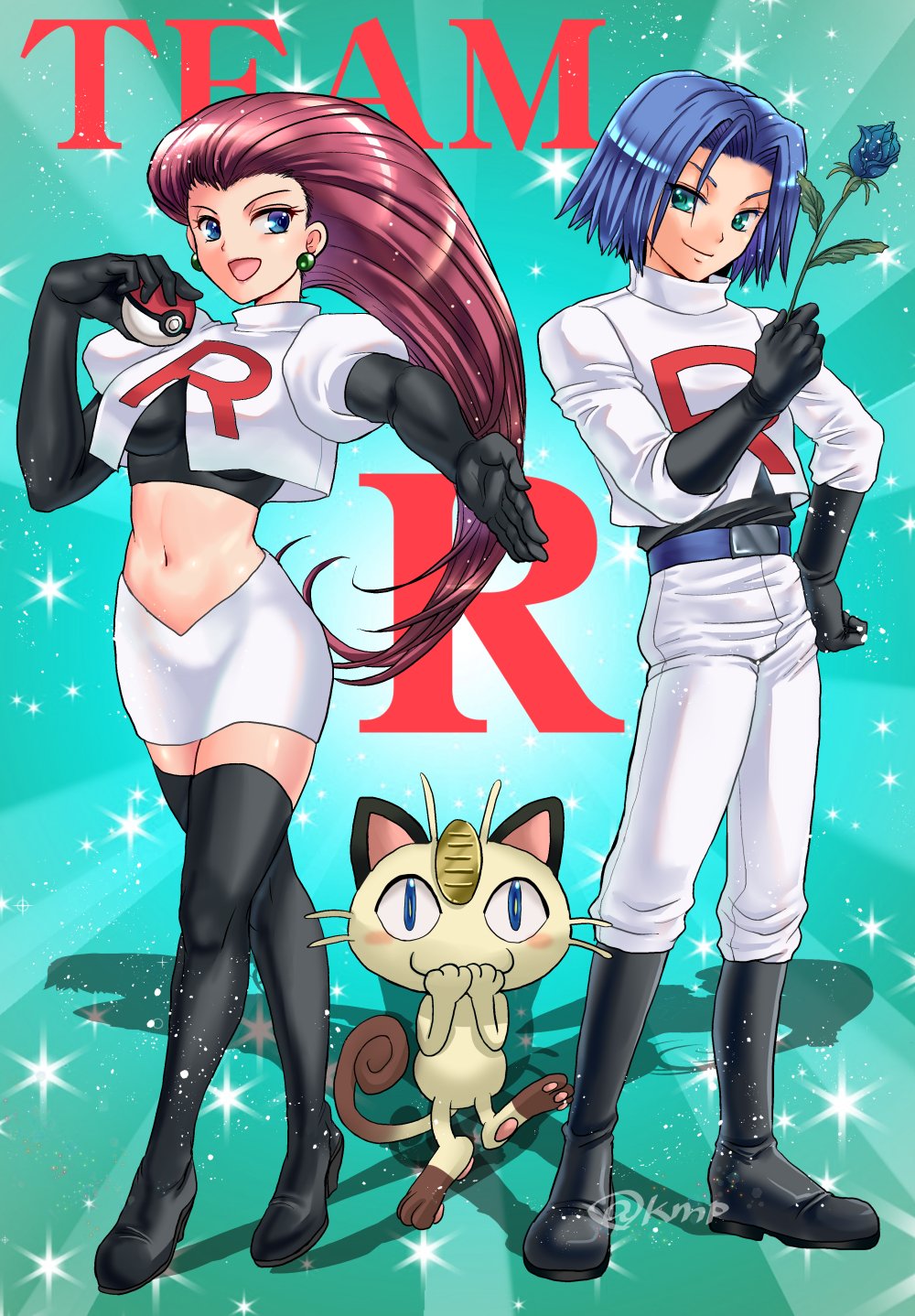 1boy, 1girl, flower, gen_1_pokemon, highres, james_(pokemon), jessie_(pokemon), kumip