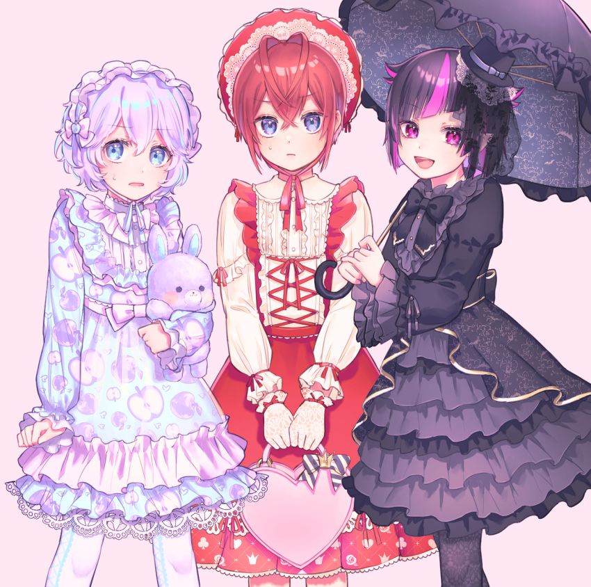 3boys, :d, alternate_costume, bag, bangs, black_dress, black_hair, black_legwear, blue_eyes, bonnet, bow, crossdressinging, crossed_bangs, dress, epel_felmier, eyebrows_visible_through_hair, eyeshadow, food_print, frilled_dress, frilled_sleeves, frills, gloves, gothic_lolita, hair_between_eyes, hair_horns, hat, heart-shaped_bag, highres, holding, holding_stuffed_toy, holding_umbrella, kawai_irori, lace, lace_gloves, lilia_vanrouge, lolita_fashion, long_sleeves, makeup, male_focus, mini_hat, multicolored_hair, multiple_boys, open_mouth, otoko_no_ko, parted_lips, pink_background, pink_eyes, pink_hair, pointy_ears, red_eyeshadow, redhead, ribbon, riddle_rosehearts, short_hair, simple_background, smile, streaked_hair, stuffed_animal, stuffed_bunny, stuffed_toy, sweat, twisted_wonderland, two-tone_hair, umbrella, white_legwear