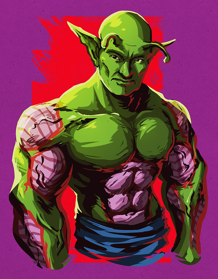 1boy, abs, absurdres, alien, antennae, bald, black_eyes, colored_skin