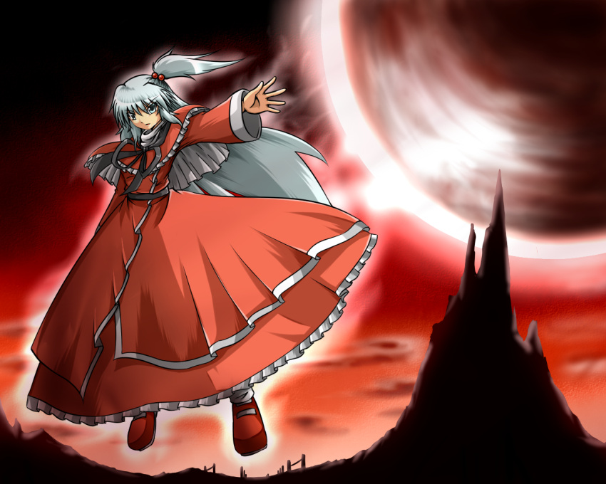 grey_eyes, hair_bobbles, hair_ornament, long_hair, magic, red_sky, shinki, side_ponytail