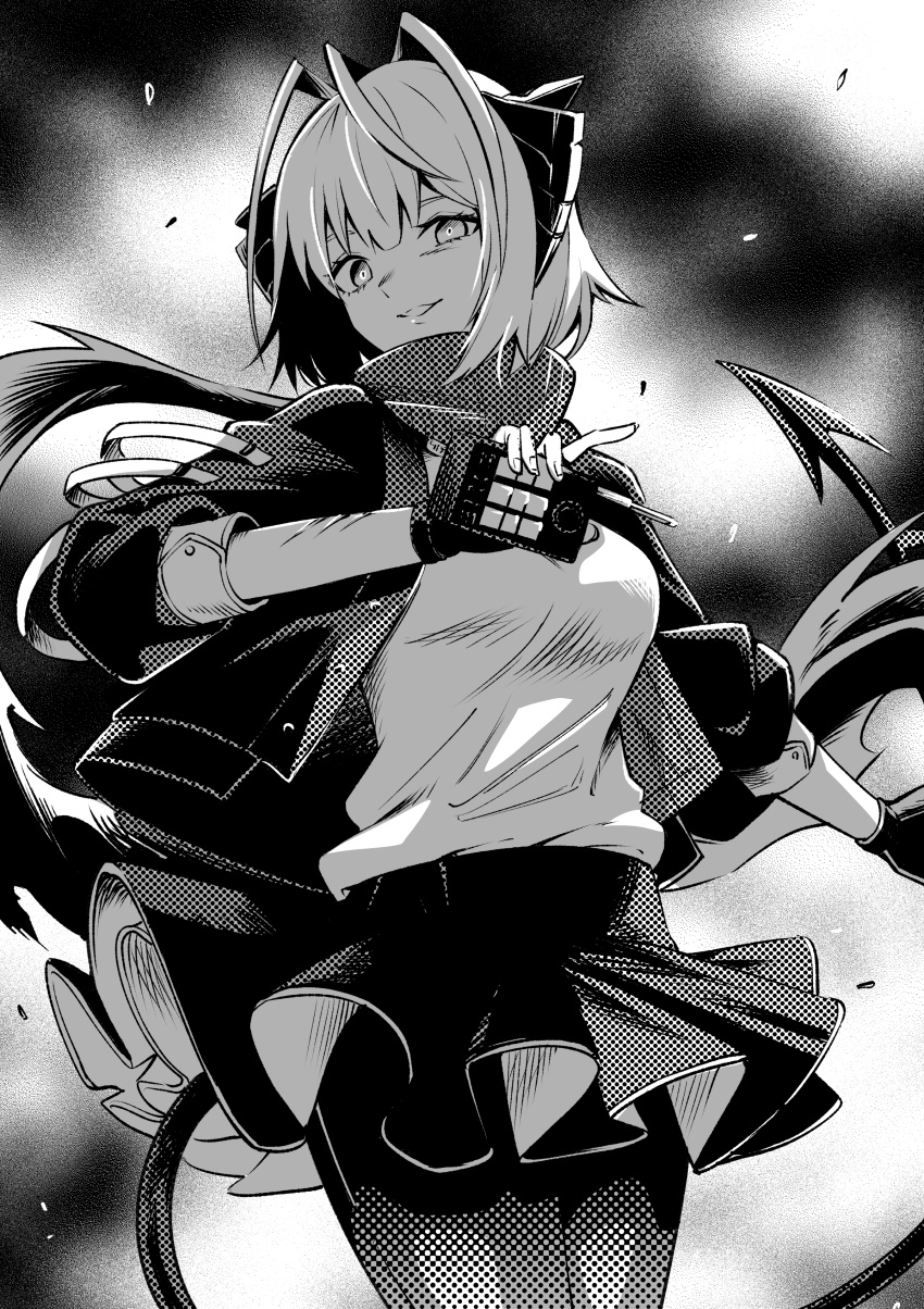1girl, absurdres, arknights, bangs, black_jacket, black_skirt, breasts, commentary, debris, detonator, dithering, evil_smile, fingerless_gloves, gloves, greyscale, high_collar, highres, holding_remote_control, horns, jacket, looking_at_viewer, medium_breasts, miniskirt, monochrome, open_clothes, open_jacket, pantyhose, parted_lips, shirt, short_hair, short_sleeves, sidelocks, skirt, smile, solo, tail, toxin000x, w_(arknights), white_shirt