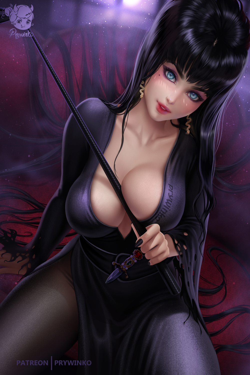 1girl, bangs, between_breasts, black_dress, black_hair, black_legwear, blue_eyes, breasts
