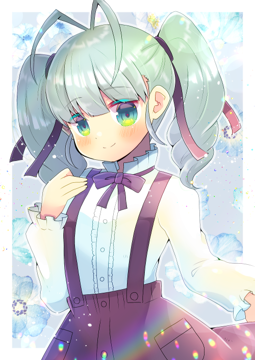 1girl, aino_pekonen, antenna_hair, bangs, black_bow, black_skirt, blue_flower, blush