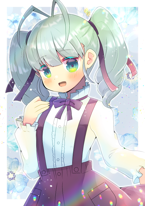 1girl, :d, aino_pekonen, antenna_hair, bangs, black_bow, black_skirt, blue_flower