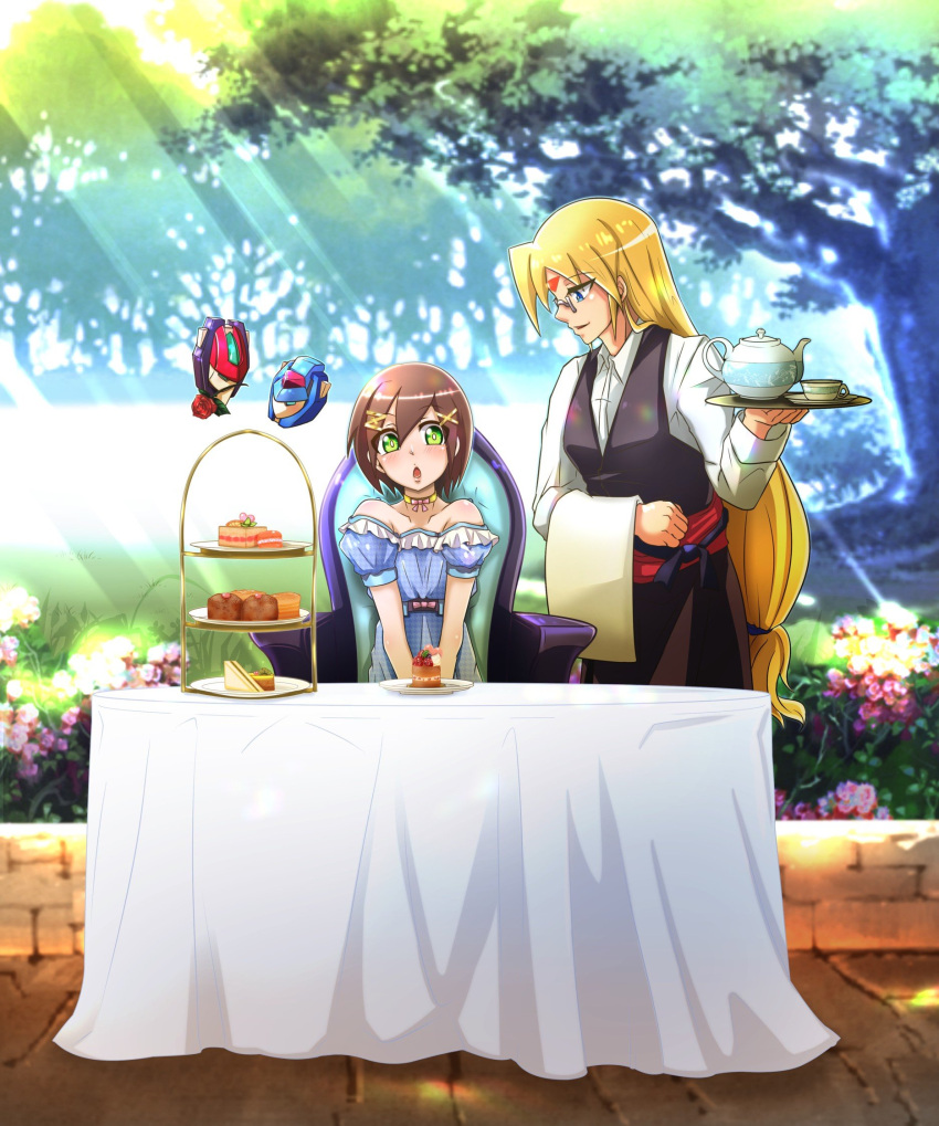 1boy, 1girl, aile_(rockman), brown_hair, green_eyes, highres, short_hair
