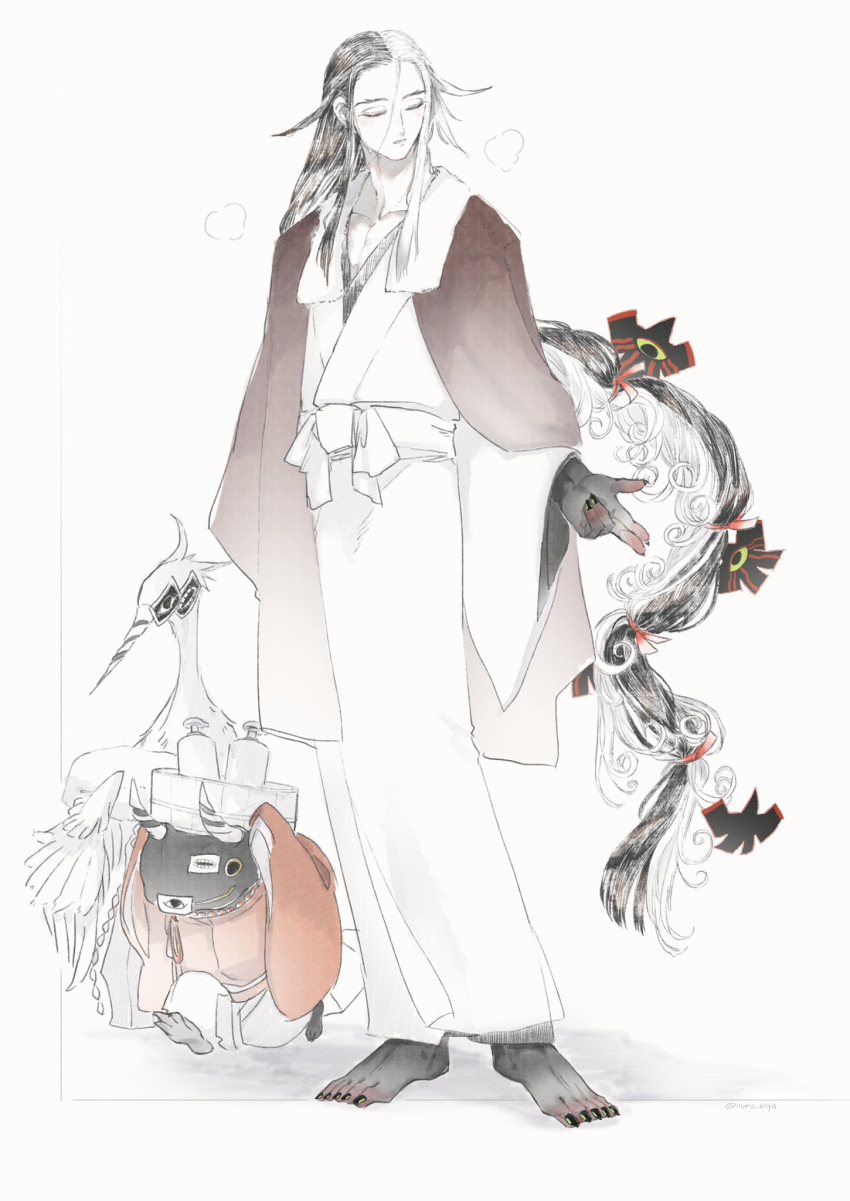 1boy, after_bathing, akimitsu-dono, androgynous, ashiya_douman_(fate), asymmetrical_hair, barefoot, bath_yukata, bathrobe, bathroom, bird, black_hair, black_skin, blush, closed_eyes, colored_skin, commentary_request, crane_(animal), curly_hair, fate/grand_order, fate_(series), forehead, furumi_showichi, hair_between_eyes, hair_intakes, hair_ribbon, highres, japanese_clothes, kimono, long_hair, male_focus, multicolored_hair, no_bangs, nuru_enya, ribbon, shikigami, steam, tall, toned, toned_male, two-tone_hair, tying_hair, very_long_fingernails, very_long_hair, white_hair, yukata